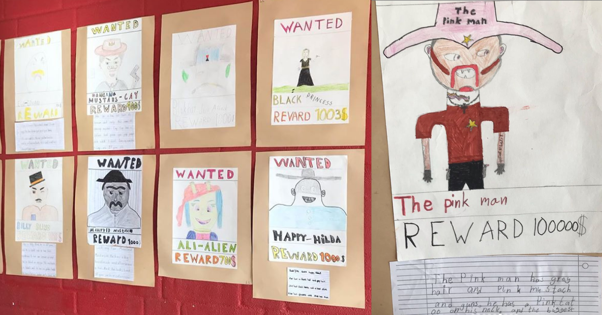 Wanted Elevexempel på väggen där eleverna skriver beskrivande texter i engelska