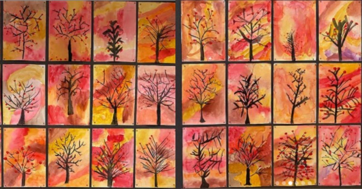Målningar av hösten - En bilduppgift för lågstadiet - Måla träd i höstfärger